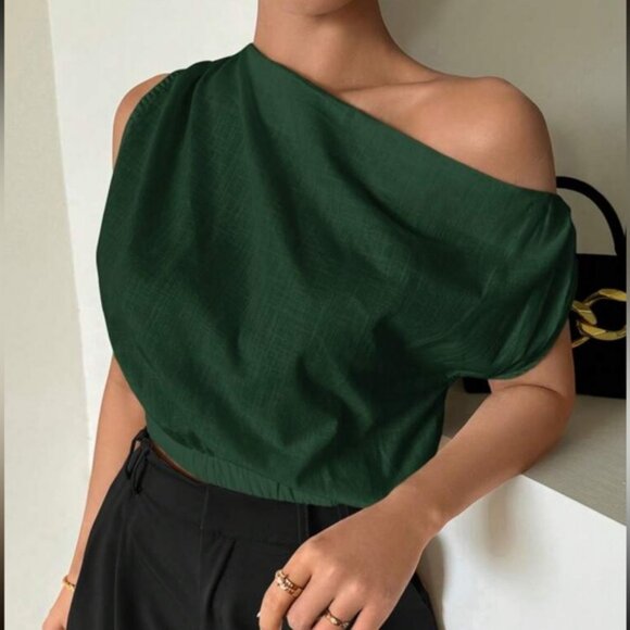 Solid Linen One Shoulder Crop Top - Picture 1 of 3